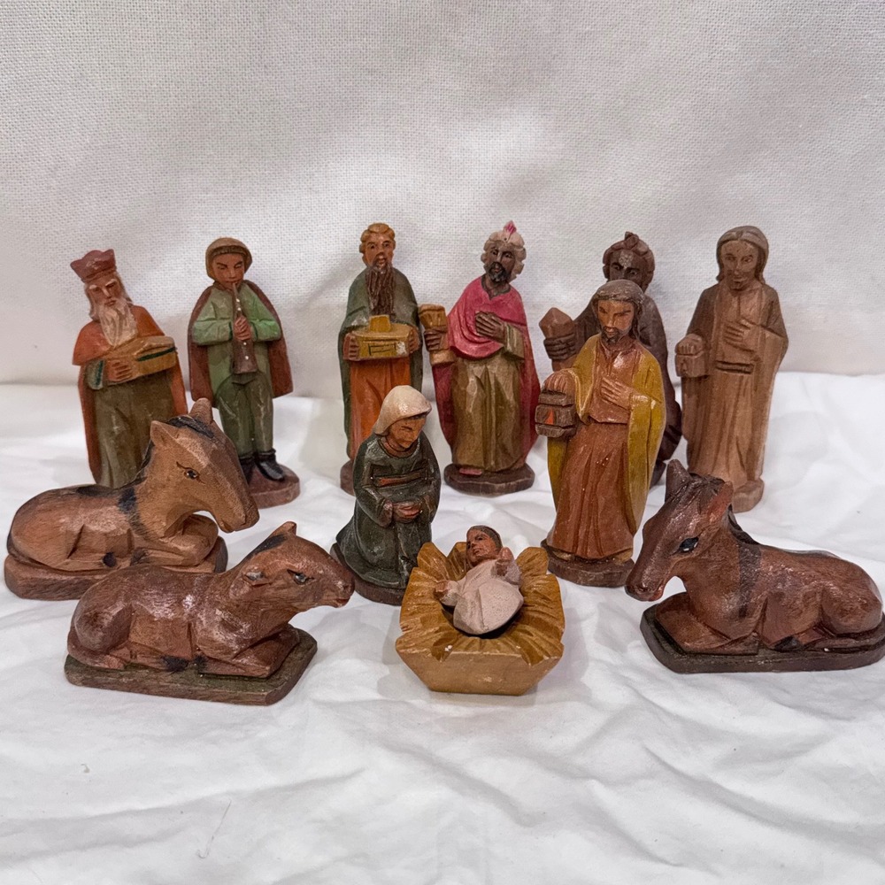 VTG Wood Nativity Set 11 Piece Hand Carved Creche Rustic Wooden Christmas